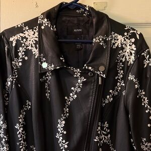 Alfani Black Leather Jacket with White Floral Design